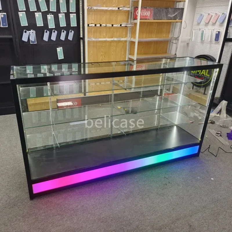 (Customized) 6ft Glass Display Showcase with Running Light Aluminum Frame Floor Standing Display Counters Smoke Shop Display Cas