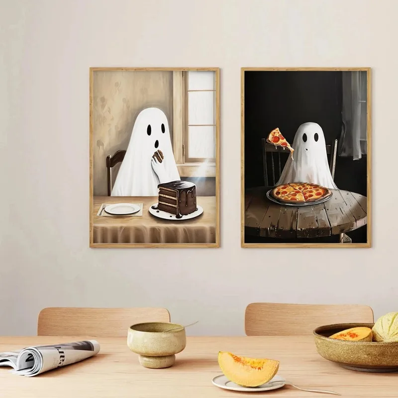 Vintage  Academia Halloween Cute Ghost Eat Pizza Posters and Prints Canvas Printing Wall Art Picture for Living Room Room Decor