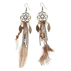 Boho Ethnic Feather Antique Long Hook Earrings Handmade Tassle Earring Vintage Long Dangle Earrings Gift