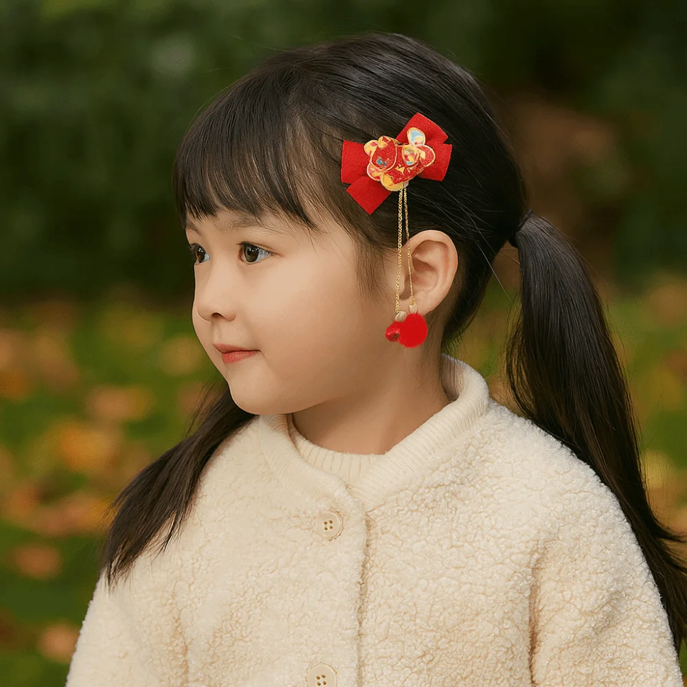 

Cartoon Traditional Chinese Hair Clip Bow Hair Ball Tassel Hairpin 2026 Year of the Horse Red New Year Hair Accessory