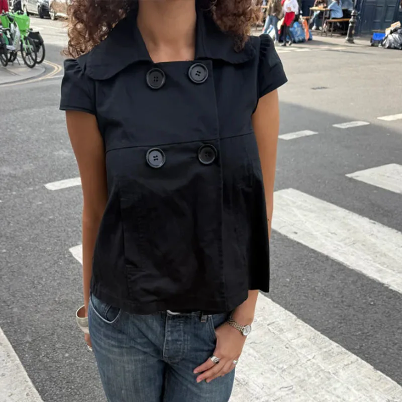 

Женская повседневная футболка-кардиган Y2K с большими пуговицами, короткий рукав, однотонная, в стиле «широкий панасон», для уличного стиля