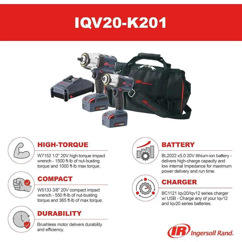 IQV20-K201 20V Cordless Impact Wrench Combo Kit, Includes 1/2