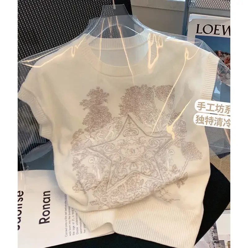 Summer White Knitted T-shirt Short Sleeve Knit Pullover Women Thin Sweater Print Design Tees Harajuku Tshirt Tops Women Clothing