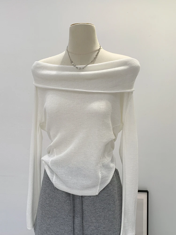 Korean Style Gentle Shoulder Bared Thin Mesh Knitted Sweater Women's Lazy Top Slim Fit Long Sleeve One Word Shoulder Design
