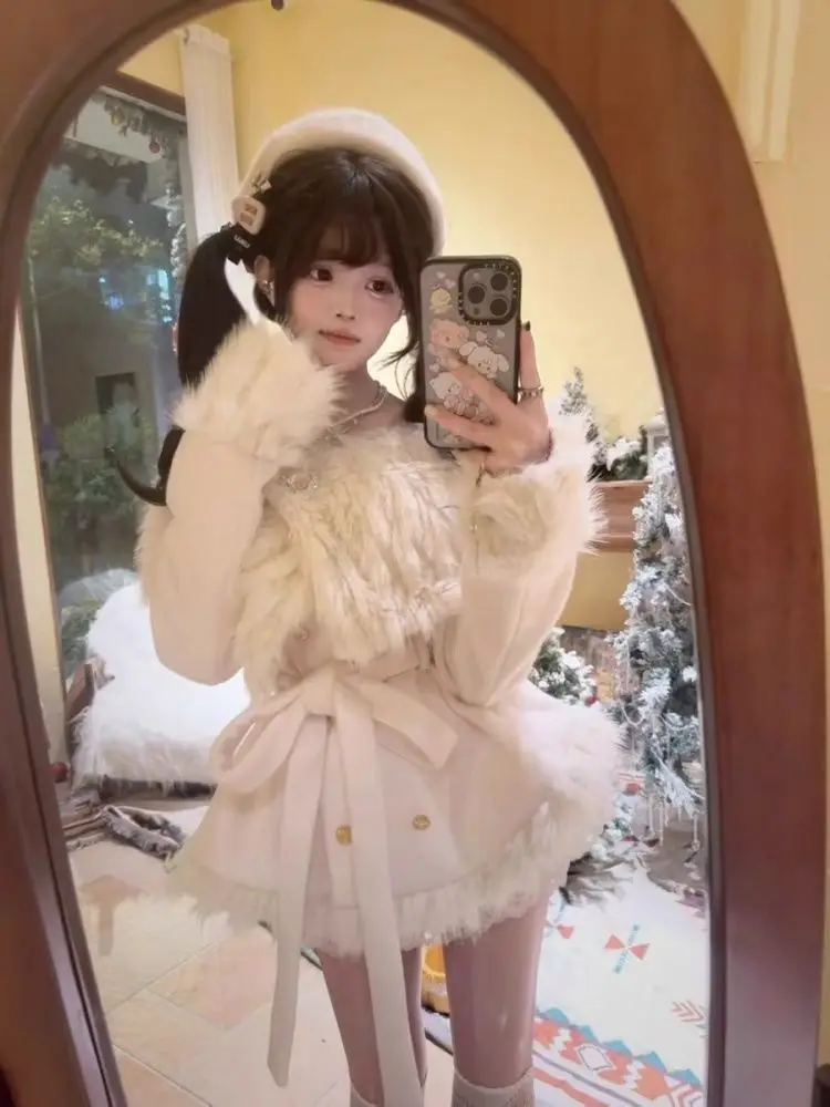 أزياء أنيقة الدافئة 3 قطع مجموعة النساء تصميم هيبورن طويلة الأكمام الدانتيل معطف الوبر اليابانية الحلو رقيقة ضئيلة Kawaii وتتسابق #1