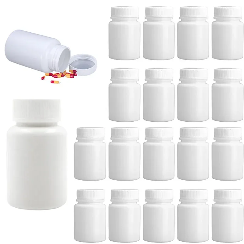 50PCS 15ml-100ml Plastic Reagent Packing Refillable Bottles HDPE White Empty Seal Containers Medicine Pill Solid Powder Vials