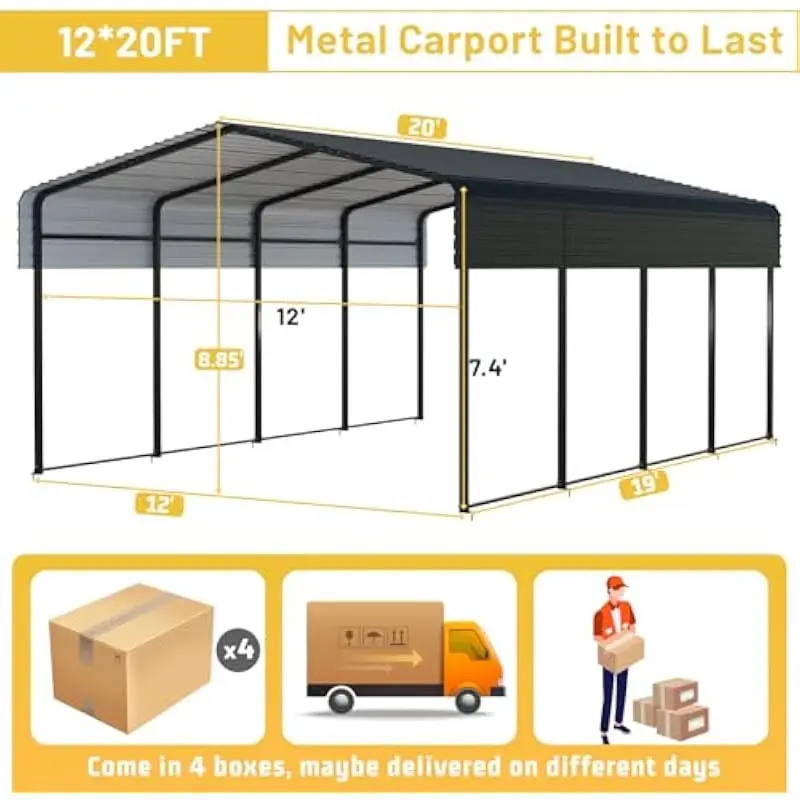 240 inch long x 144 inch wide x 106 point 2 inch tall all weather steel canopy with rust resistant galvanized frame and reinforc