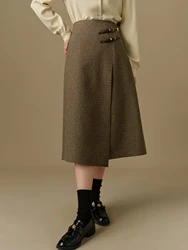 DUSHU 30.4% Wool Women Long A-LINE Skirts Brown Plaid Asymmetric Wool Skirt Winter Office Lady Zipper Waist Skirt 24DS84426