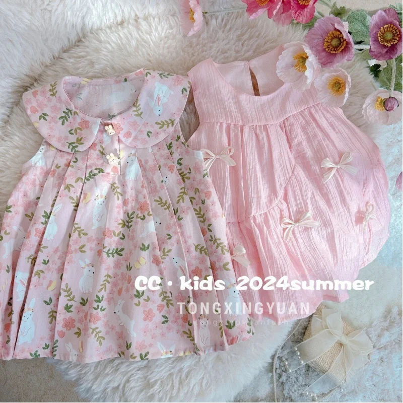 

Fashionable Children's Clothing Girls' Summer Fashion Baby Pink BoworRabbit Manor Dress