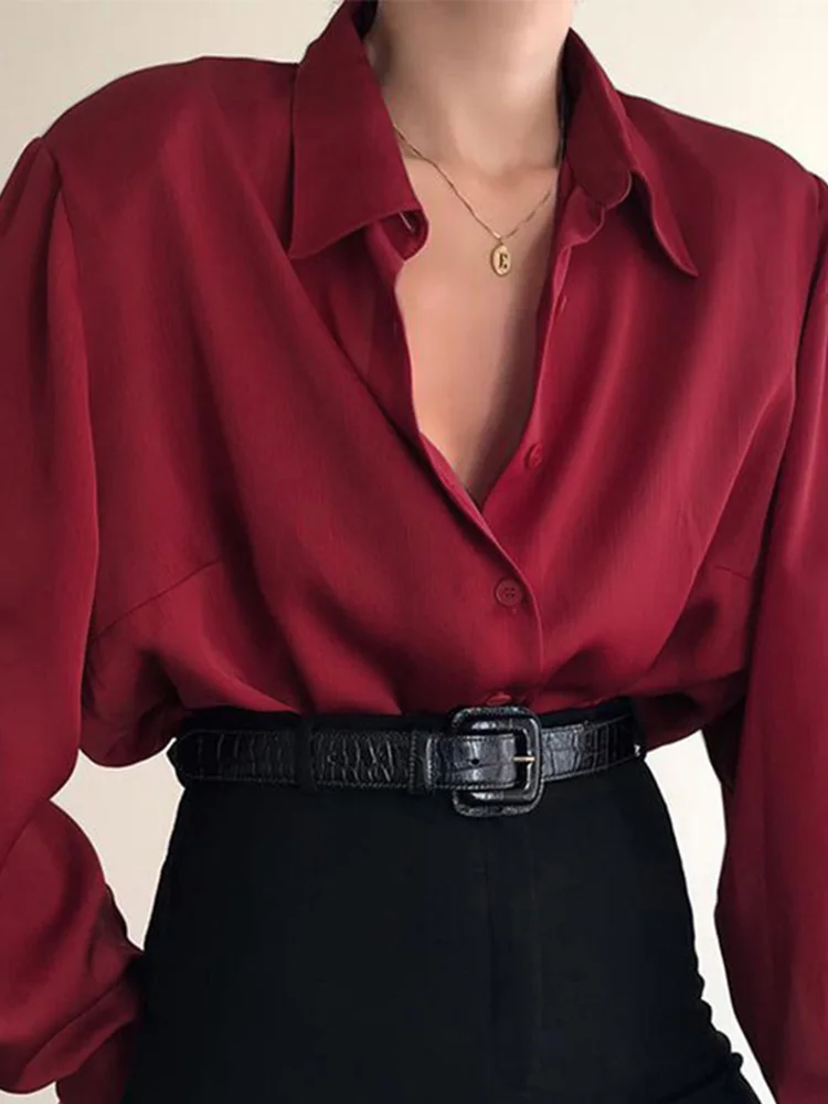 Women Button Blouses Turn Down Collar Shirts Office Lady Long Sleeve Casual Blouse Loose OL Shirt Baggy Tops Red/Wine Red /Black