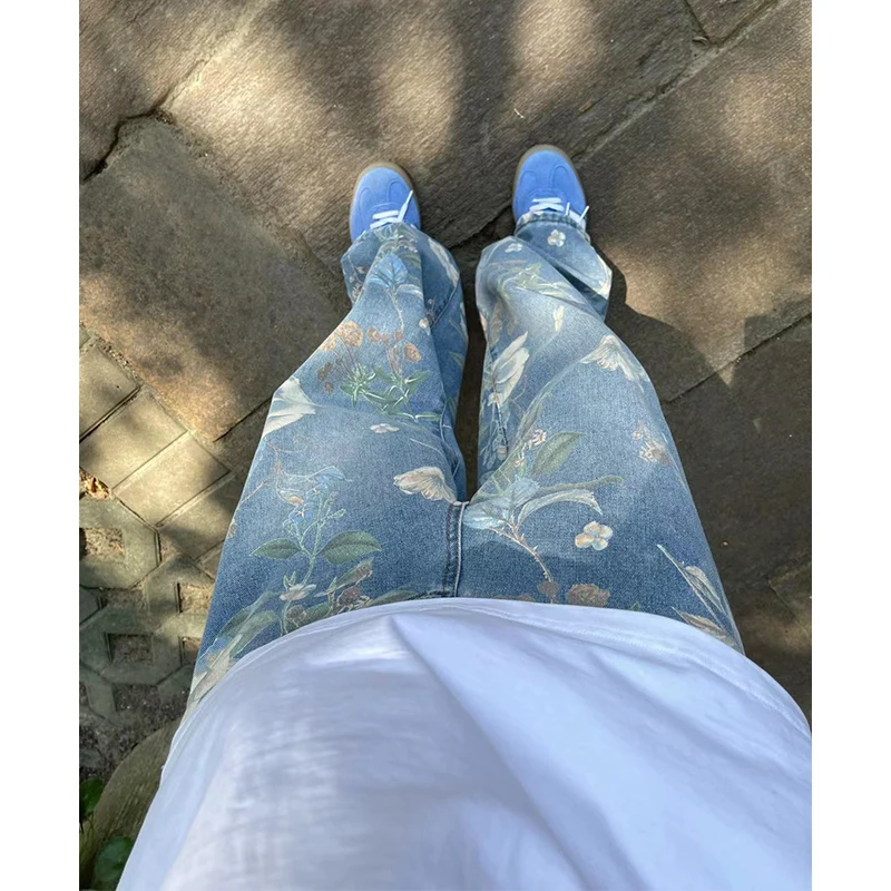 

Floral Print Straight Leg Men's Jeans High Street Vibe Loose Wide Leg Pants Floor-Length Trousers Youthful Summer Jeans