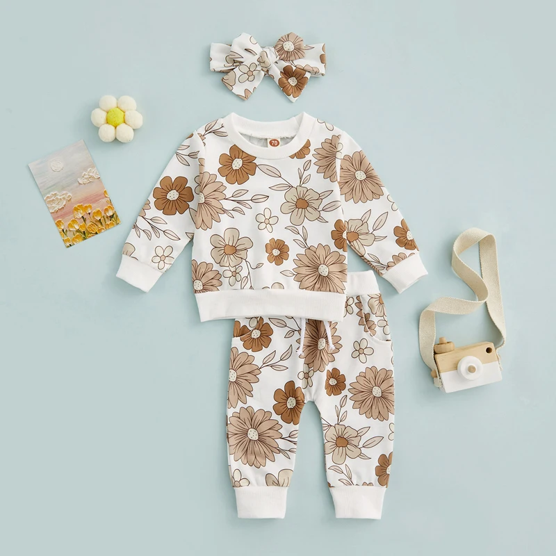 3Pcs Baby Girl Outfits Floral Sweatshirt + Pants + Headband Infant Fall Winter Clothes 0-24 Months