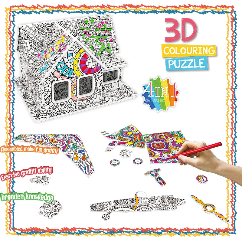 Hot Sale Montessori Children DIY Graffiti Animal Dinosaur Airplane House Drawing Set 3D Stereoscopic Drawing  Toy Puzzle