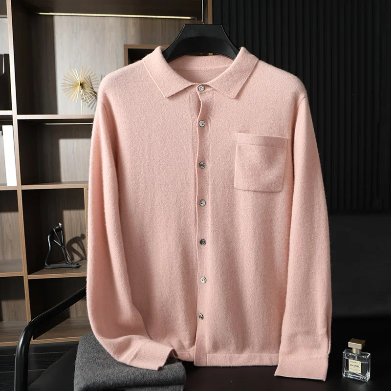 100% Pure Goat Cashmere Cardigan Men's POLO Collar Knitted Shirt Autumn Winter Tops Casual Business Base Shirt Soft Comfortable