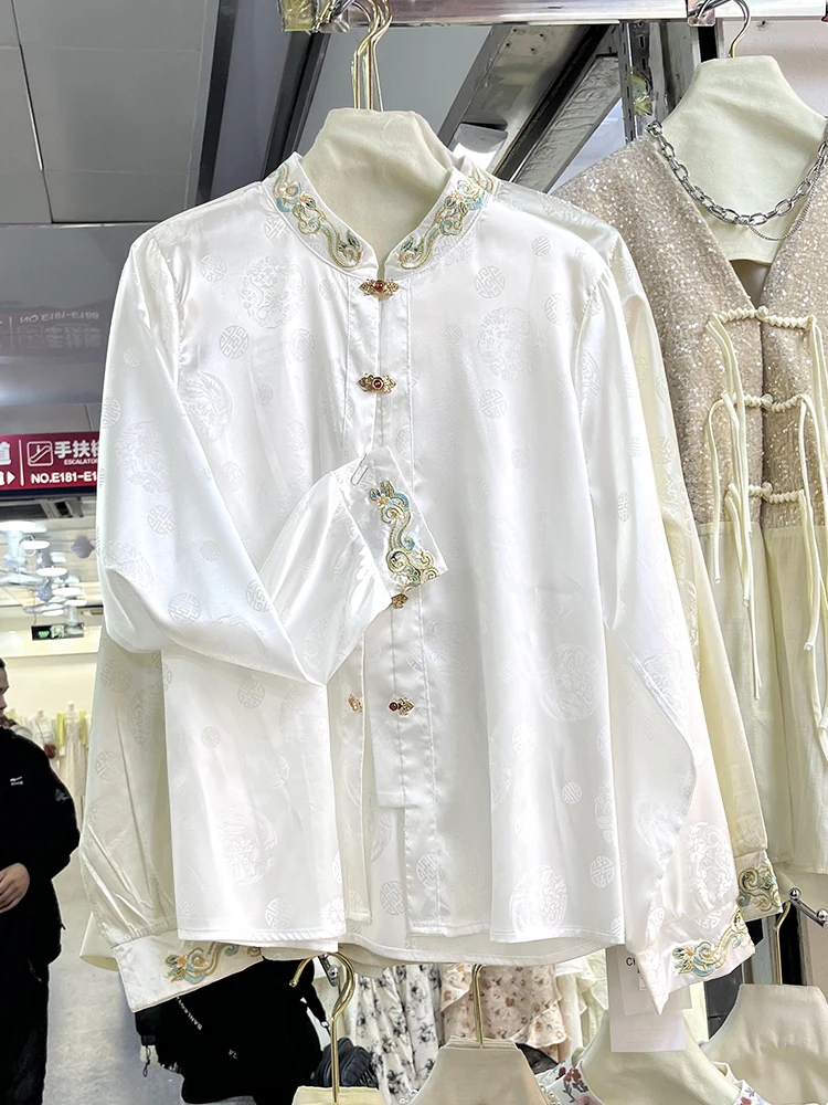 

Women's Elegant Chinese Heavy Embroidery Hanfu Coat Collared Neck Improved Tops shirts for women Button Down Loose Blouse