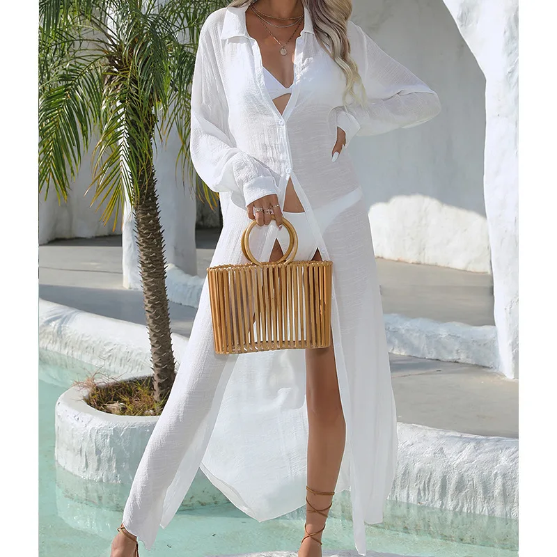 Sunscreen White Long Shirts Bikini Cover-up Women Summer Long Sleeve Lapel Button down Beach Dress Swimwear Smock Long Tops