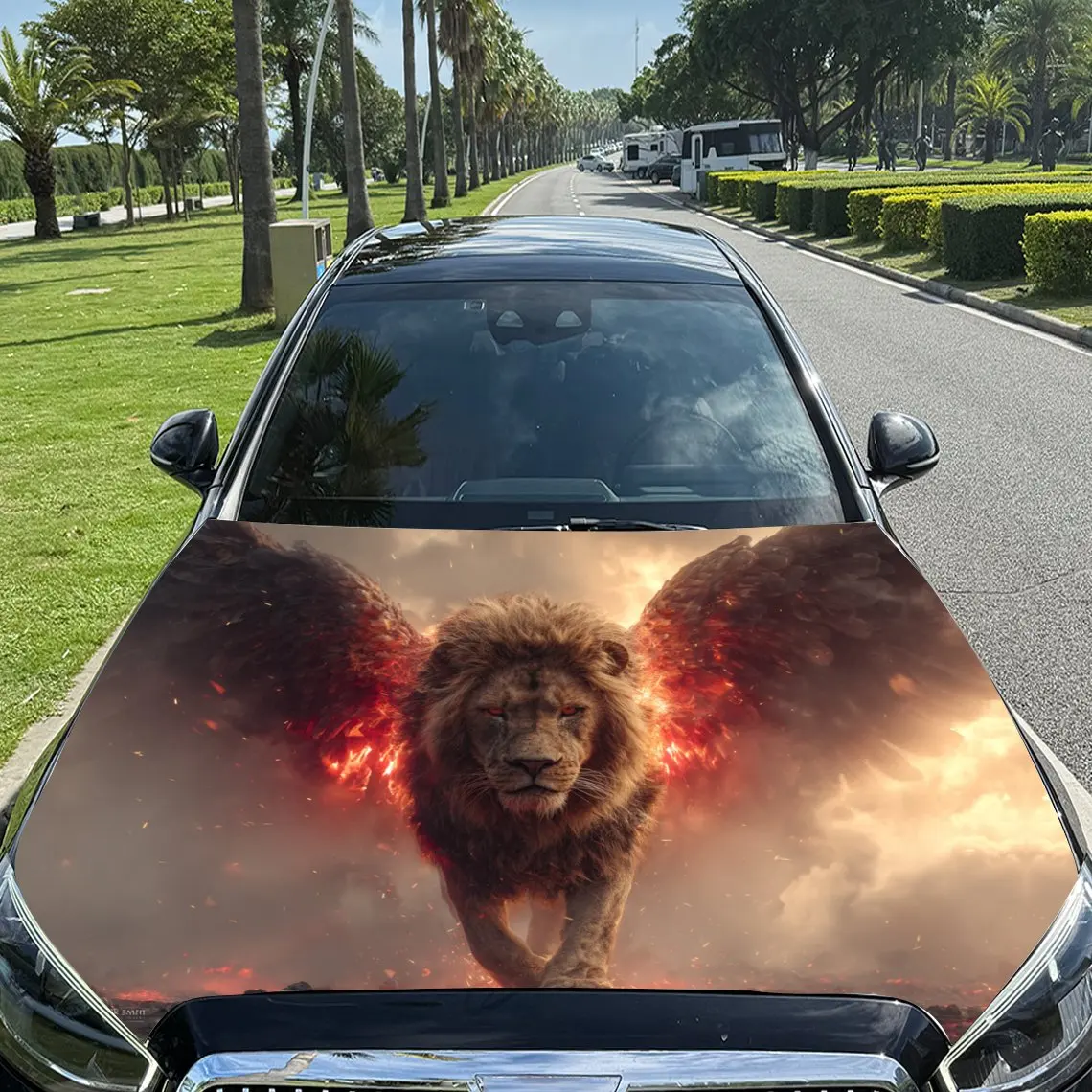 

Fiery Winged Lion Car Vinyl Wrap, PVC Material Waterproof Car Hood Sticker, Self-Adhesive Scratch-Resistant Stickers for Engine