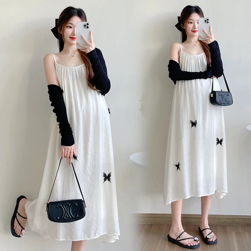 

Summer Maternity Strap Dress Sleeveless Long Loose Cool Pregnant Woman Dress with Butterflies Maternity Dresses for Photo Shoot