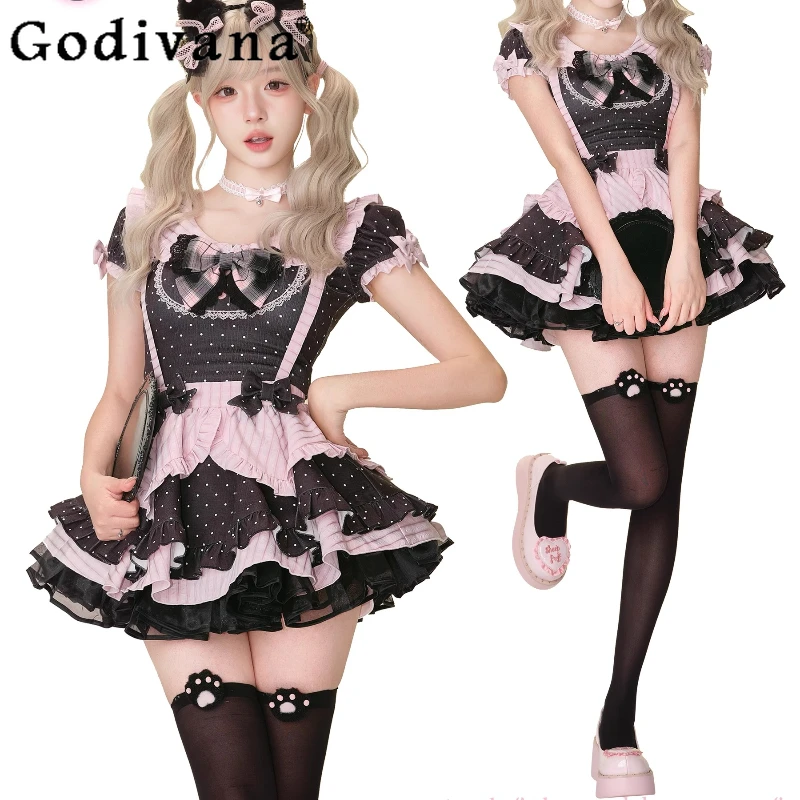 الصيف البولكا نقطة الأعلى مع القوس باو البولكا نقطة فستان بحزام ثوب نسائي الفتيات فستان بحزام مجموعة المرأة لوليتا نمط ملابس حلوة