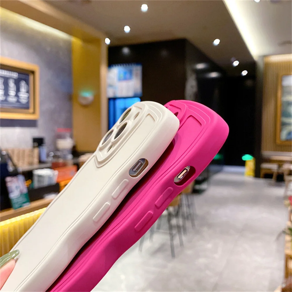 Cute Curly Wave Frame Silicone Phone Case For iPhone 11 12 13 14 15 Pro Max Matte Solid Color Shockproof Protection Back Cover image 4