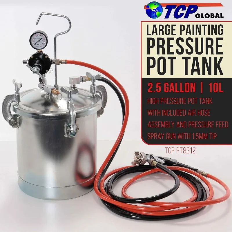 2-1/2 Gallon - (10 Liter) Pressure Pot Paint Tank: Heavy Duty Solid Steel, Clamp on Lid, Regulator & Pressure Gauge, Spray Gun