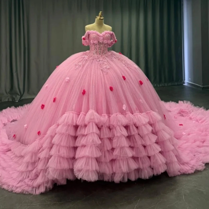 

Розовые блестящие платья Quinceanera с открытыми плечами и аппликацией из кружева и бусин, корсет, многоуровневое тюлевое платье для вечеринки, дня рождения, сладкое платье 16, Vestidos De