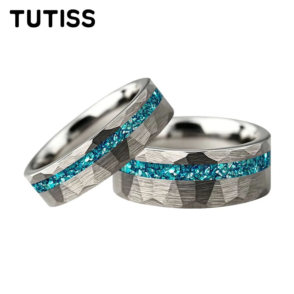 Anillo de Carburo de Tungsteno TUTISS de 6/8 mm con Ranura Martillada y Cristal Azul Incrustado, Anillo para Pareja, Anillo Conmemorativo de Aniversario