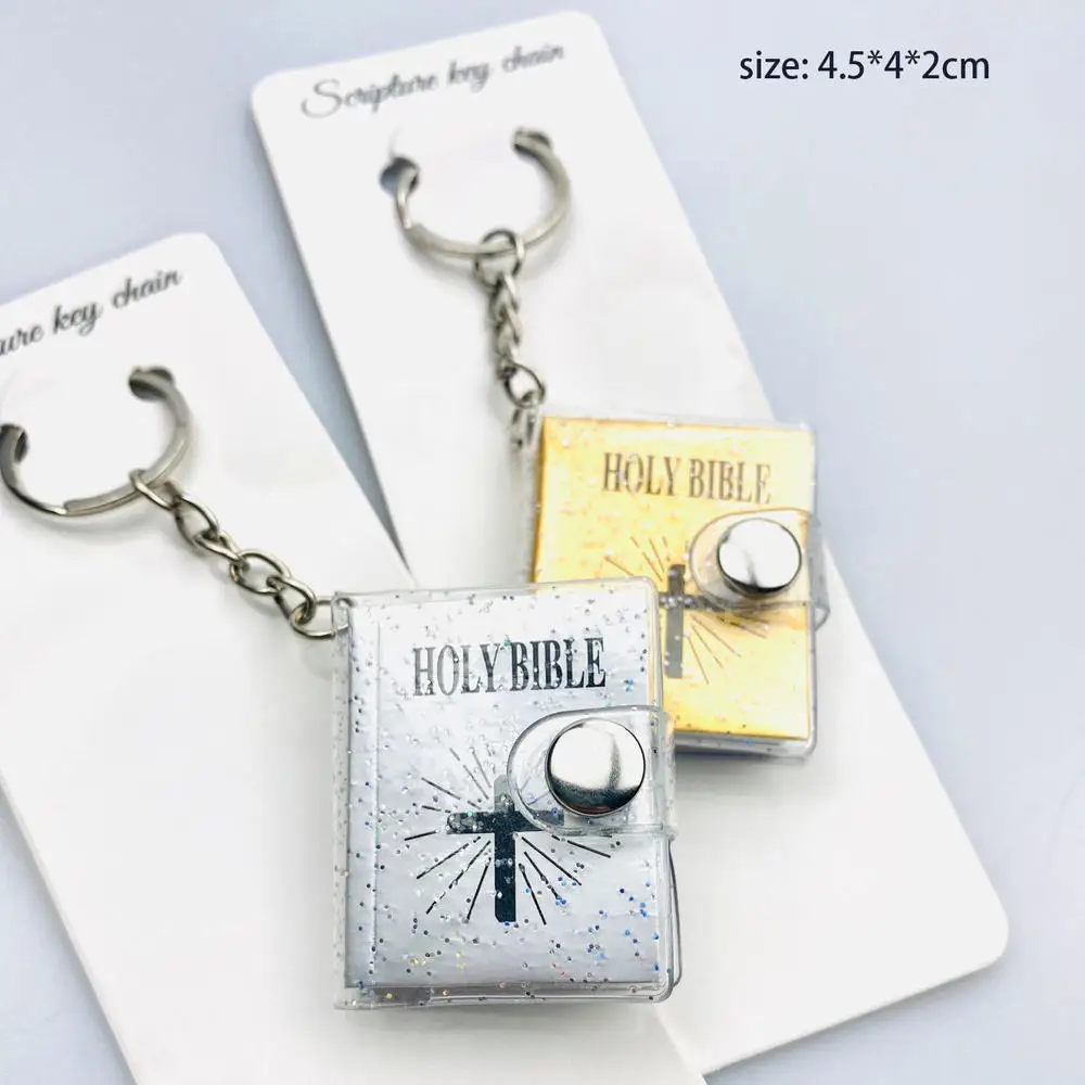 New Mini Jesus Keychain Small English Cross Holy Bible Book Keyrings Bag Pendant Jewelry Car Key Chain Women Souvenirs Gift