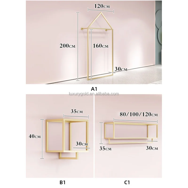 Custom. Lady Boutique store furniture standing rackmetal Golden clothing display rack on wallvv