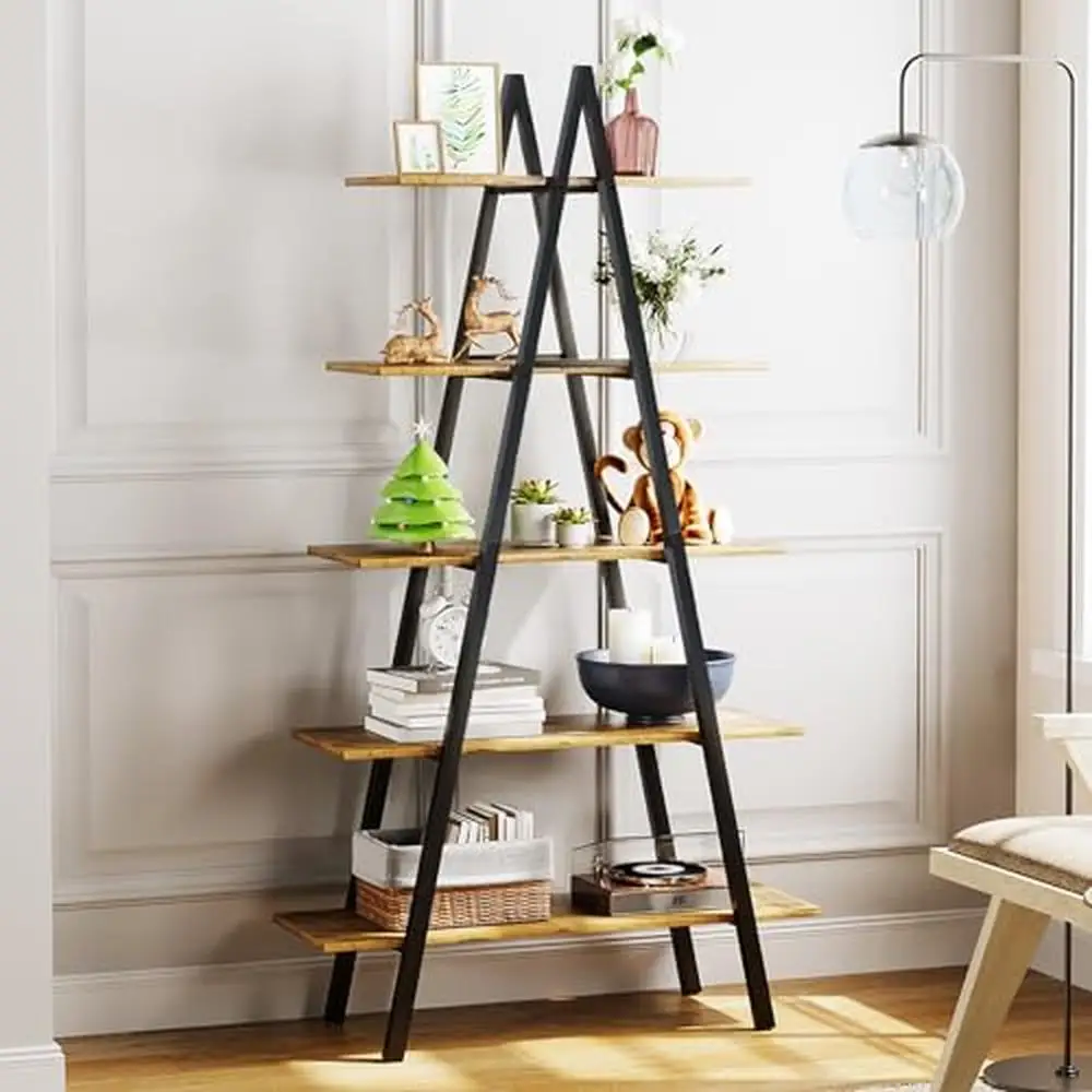 

5-Tier A-Shaped Industrial Bookshelf Display Stand Storage Organizer Living Christmas Village Style Metal & Wood Easy Assembly