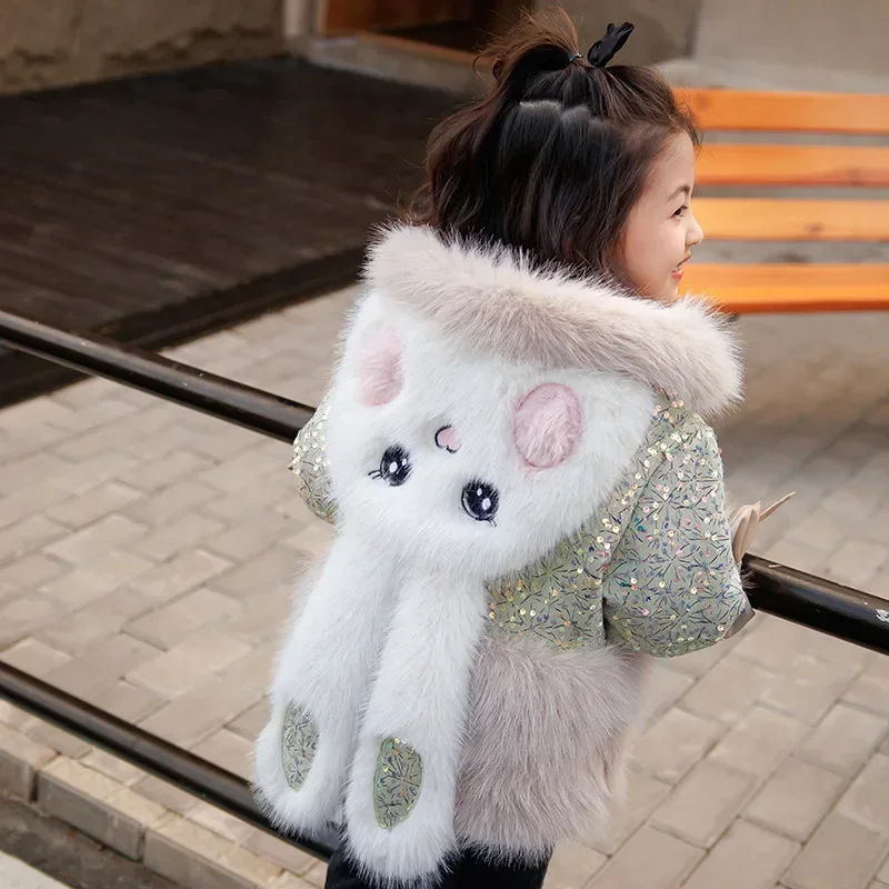 Girls Winter Coat Fashionable Rabbit Ears Faux Fur 2023 New Children Padded Sequined Plush Baby Girl Coat Childrens Jacket