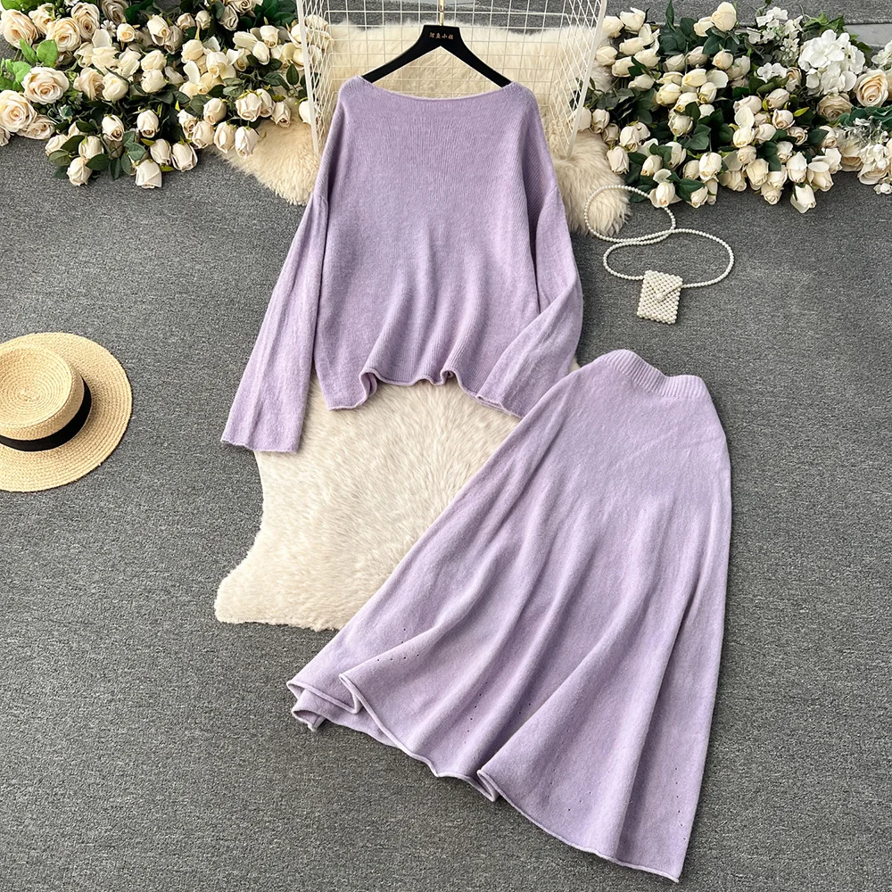 

Croysier Autumn Winter Elegant Casual Knitted Co Ord Set For Women Outfit Loose Pullover Sweater And Midi Skirts Two Piece Sets