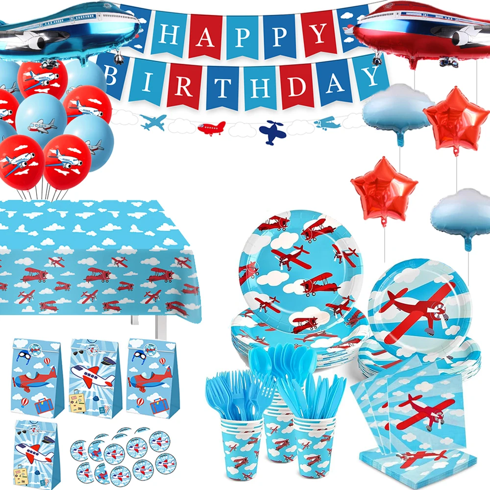 

Airplane Party Decor Tableware Plates Banner Cup Foil Plane Balloon Kids Aviator Flight Birthday Favor Boys Baby Shower Supplies