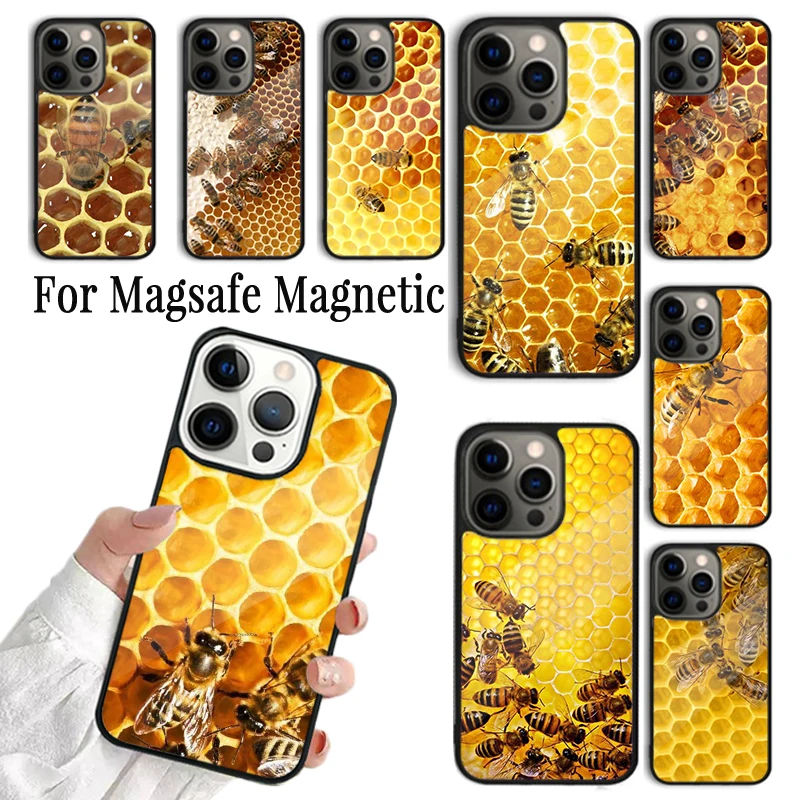 Phone Case For iPhone 16 15 14 13 12 Mini 11 Pro Max Plus Magsafe Magnetic Wireless Charging Cover Bumble Bee Honeycomb Honey