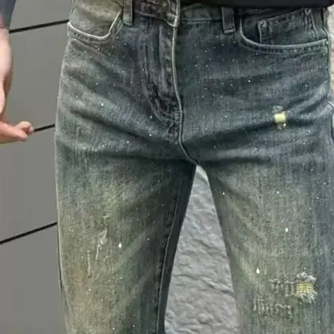 하이엔드 스크래치 레트로 청바지 남성 슬림 스몰 풋 2025 봄 여름 신상 핫 다이아몬드 엘라스틱 팬츠 스트릿웨어 청바지