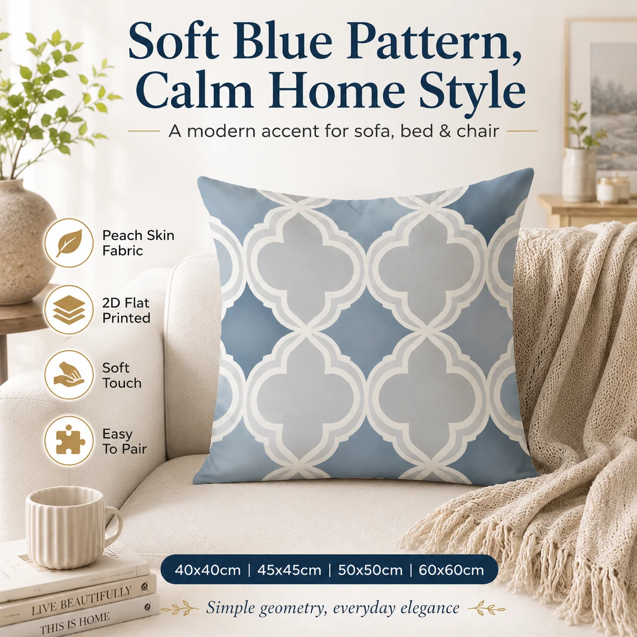 Watercolor Blue Geometric Cushion Cover 2D Flat Printed Peach Skin Pillowcase for Couch Chair Bed Sofa Home Decoration