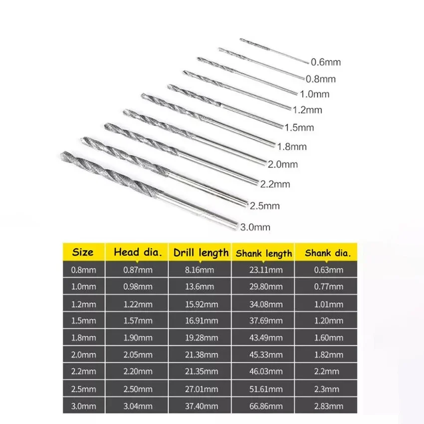 Brocas helicoidales recubiertas de diamante, vástago recto de Jade para joyería de vidrio, 0,8mm, 1mm, 1,2mm, 1,5mm, 1,8mm, 2mm, 2,5mm, 3mm