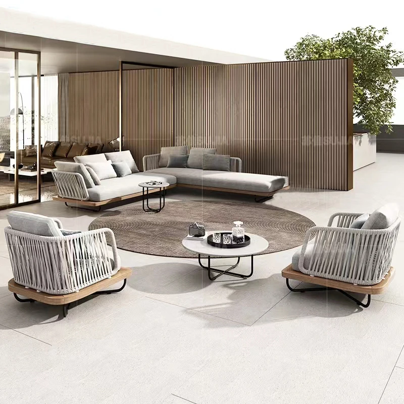 Fashion and Exquisite Design Outdoor Sofa Rope Woven Teak Combined Garden Lounge Sofa