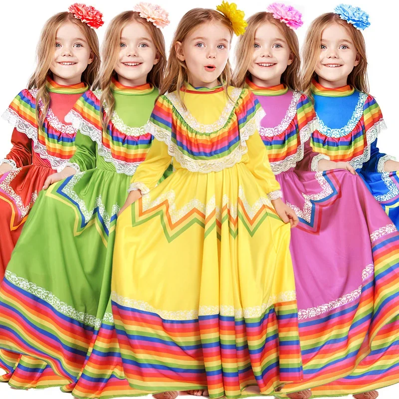 Kids Mexican Folk Style Dance Dress Halloween Cosplay Costume Girls Six One Children's Day School Stage Performance Clothing