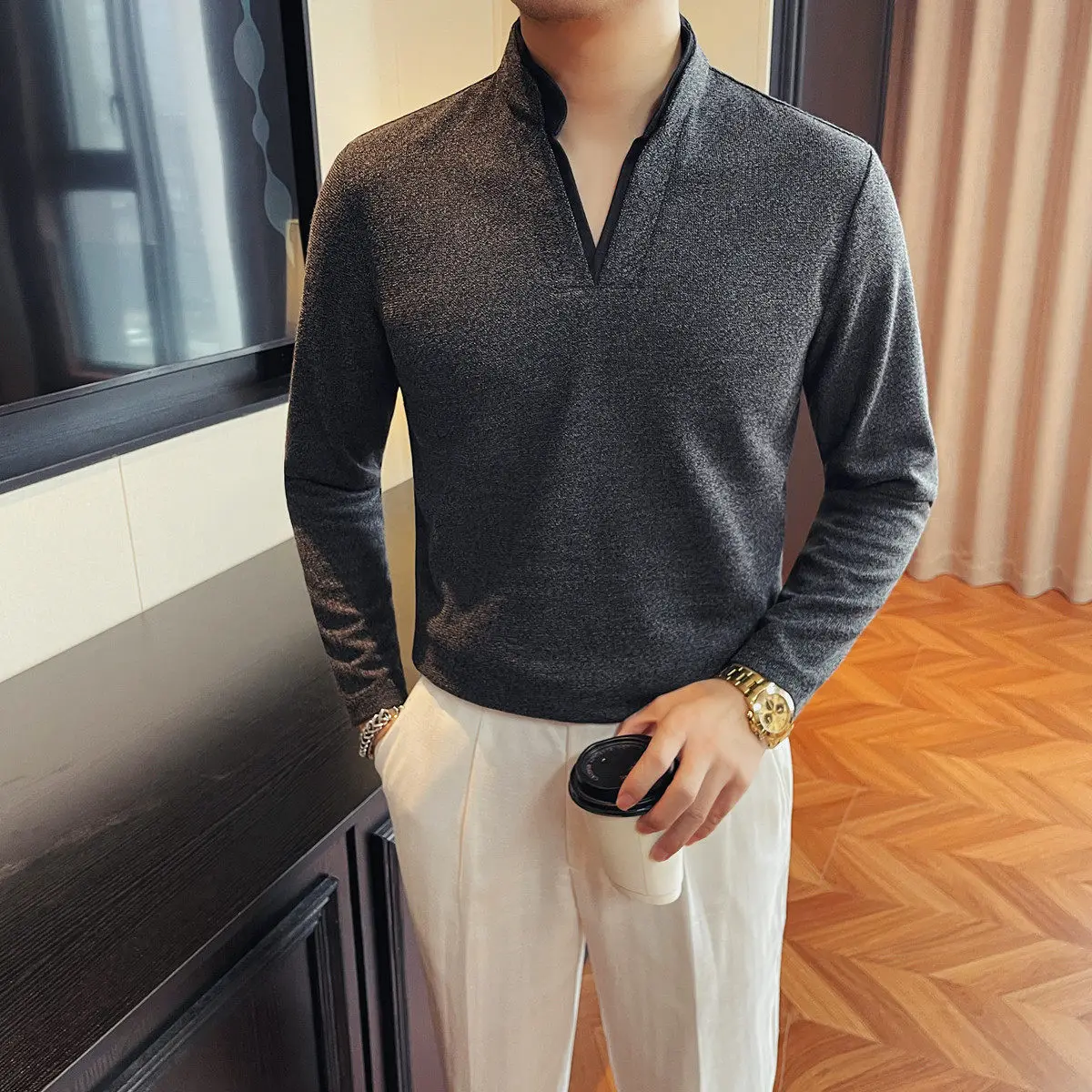 Stand Collar Long-sleeved T-shirt Men's Slim Versatile Trendy V-neck Base Shirt Top Casual Business Social T-shirts Men Clothing