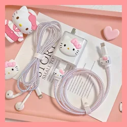 Juego de protección de cargador de Cable de datos Kawaii Hello Kittys para iPhone, cargador adecuado de 18/20w, cuerda antirotura de dibujos animados, regalos para niñas