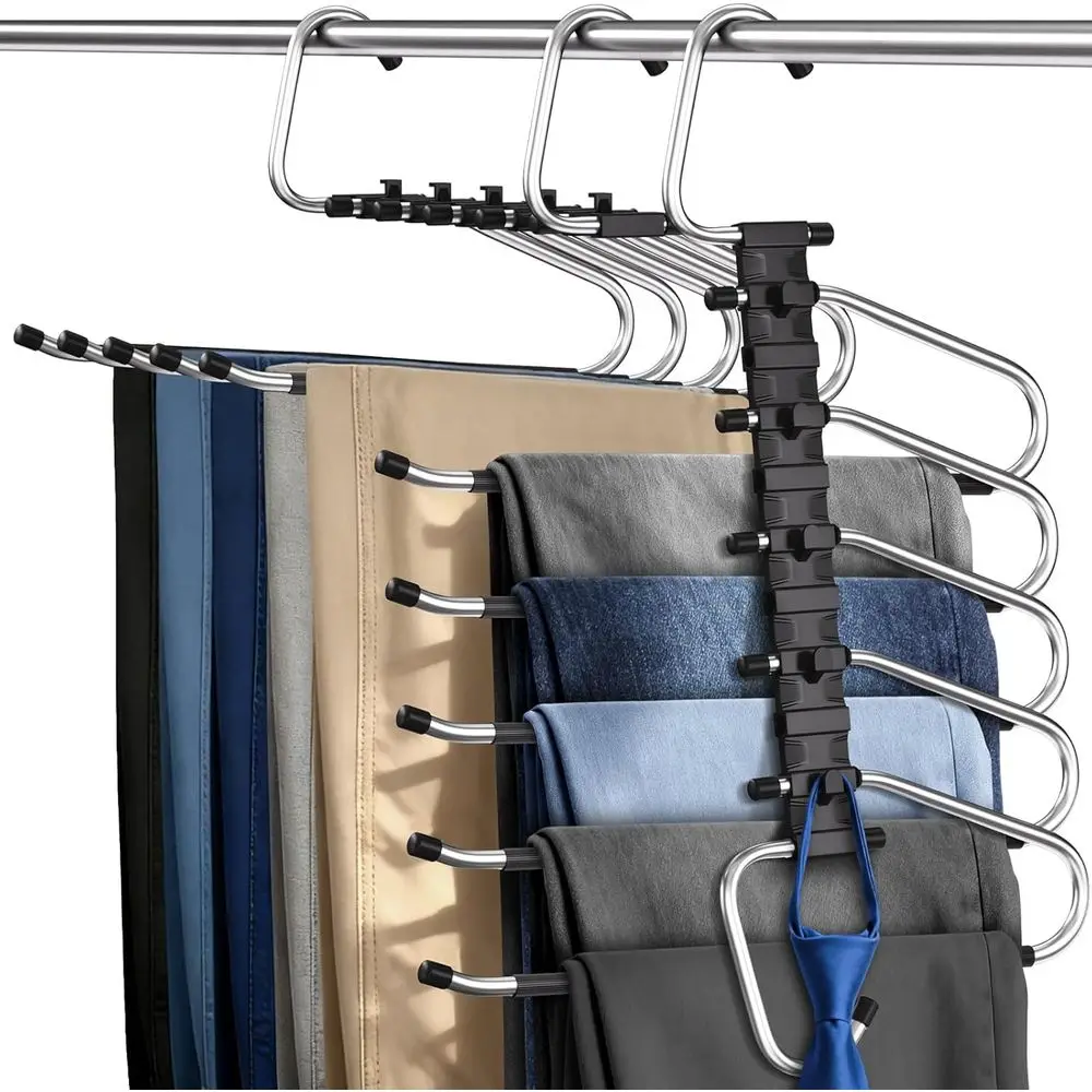 Space Saving Metal Closet Organizer, Anti-Slip Design, Multi-Layer Hangers for Jeans, Trousers, Skirts, Scarves, Slacks, Black