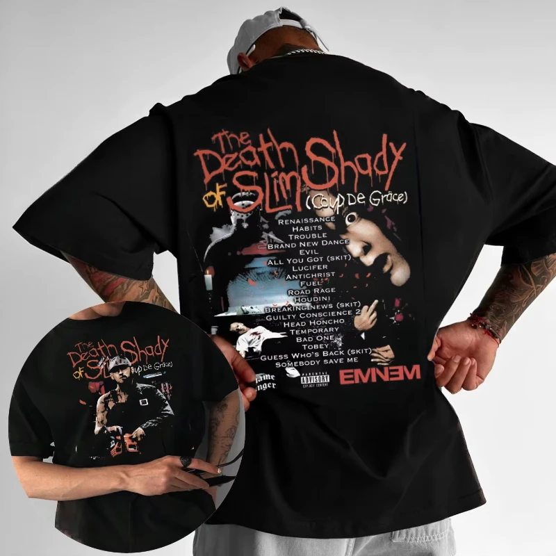 2025 الصيف شعبية رابست ايمينيم ألبوم جديد الموت سليم شادي تي شيرت الرجال موضة تي شيرت على طراز هاراجوكو القطن تي شيرت غير رسمي #1