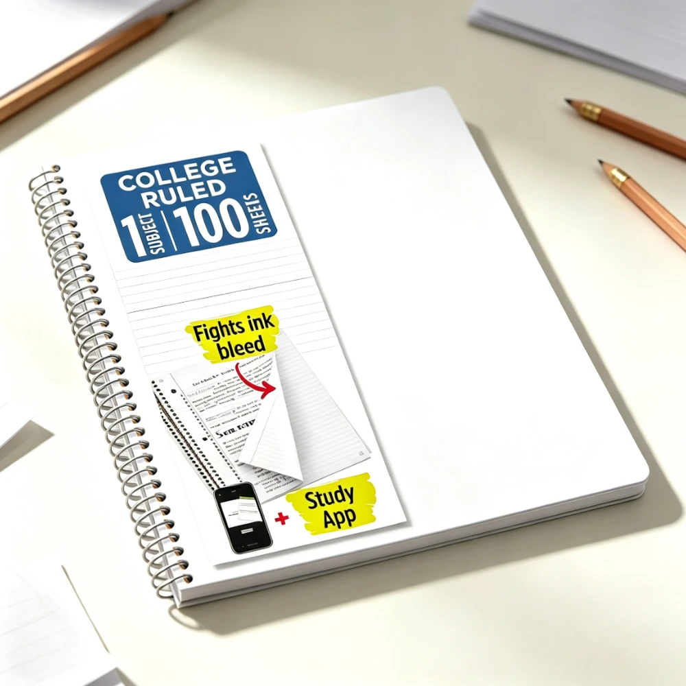 1 Subject College Ruled Spiral Notebook, 100 Sheets Ink Resistant Lined Paper, Flexible Cover, 3 Hole Punched for School College Office Note Taking