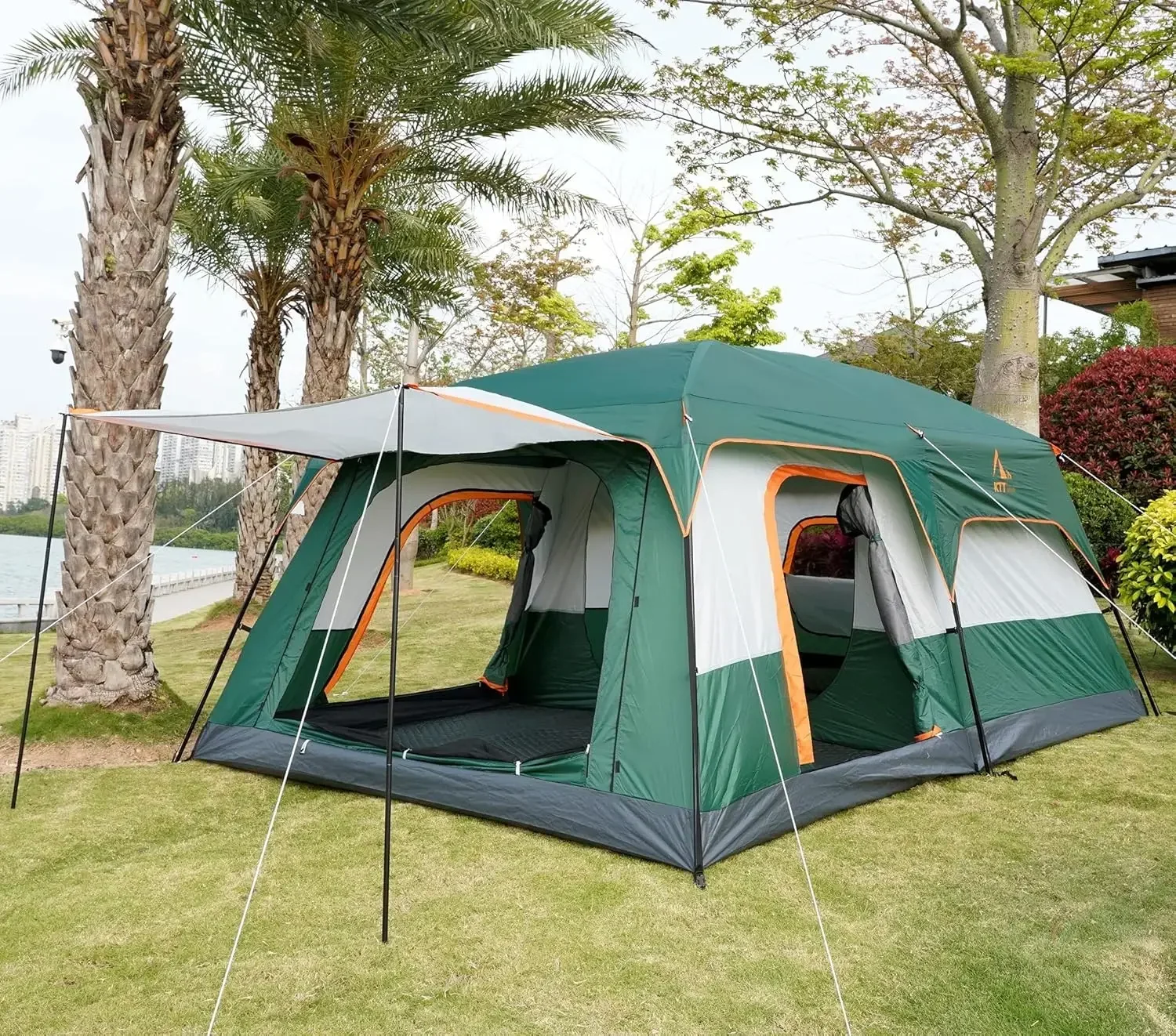 KTT Extra Large Tent 10-12-14 Person(Style-B),Family Cabin Tents,2 Rooms,3 Doors and 3 Windows with Mesh,Straight Wall,Waterproo