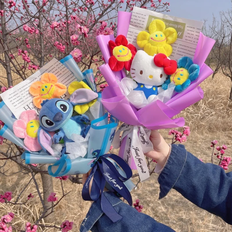 

Классические аниме-плюшевые куклы Hello Kitty, Стич, Винни с цветами, креативные букеты, подарки на Рождество, день рождения, выпускной