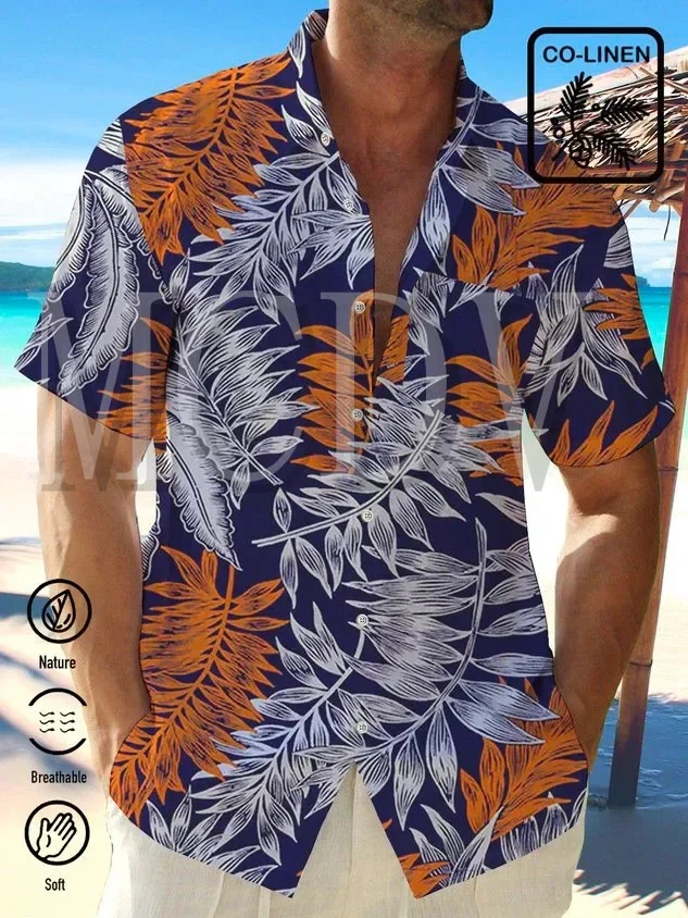 Royaura Linen Gradient Tropical Leaf Print Men's Vacation Beach Hawaiian Big & Tall Aloha Shirt Summer Tops