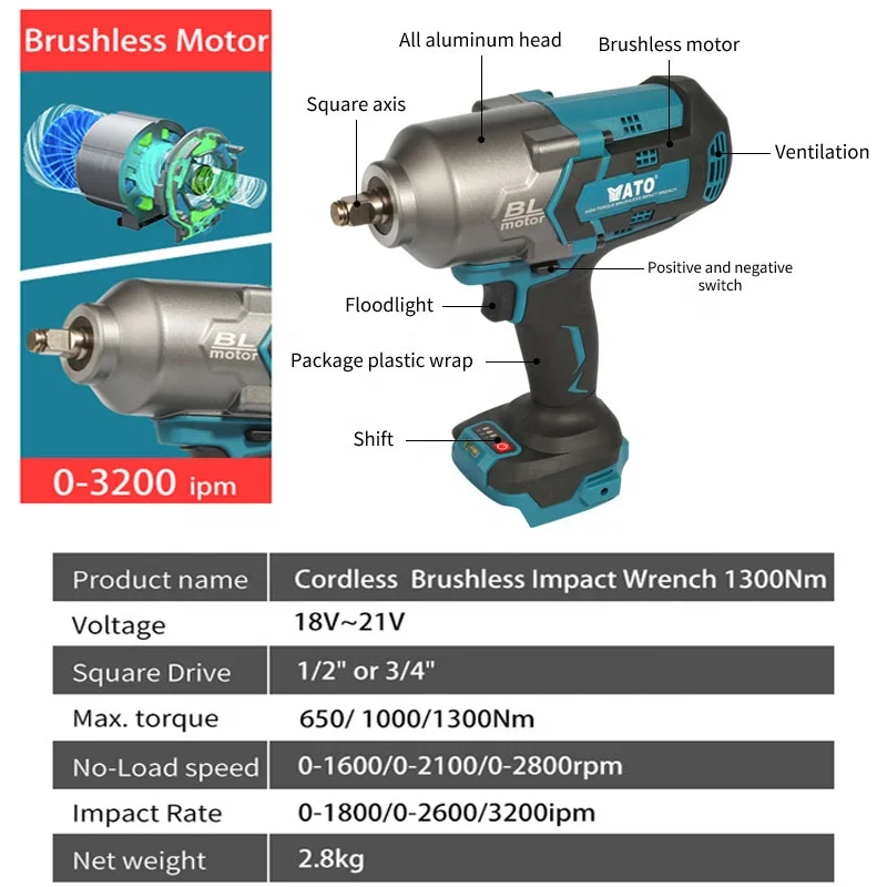 Power Tools Lithium Battery Brushless Cordless Impact Wrench 1/2 or 3/4 1300NM High Torque Electric Impact Wrench