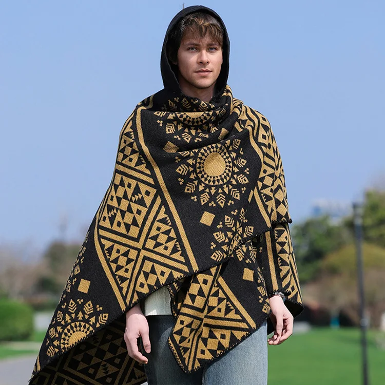 Autumn and Winter New Hooded Cape Shawl Warm Men's Hot Selling Split Cape Travel Driving Multi-purpose Poncho Cloak P8