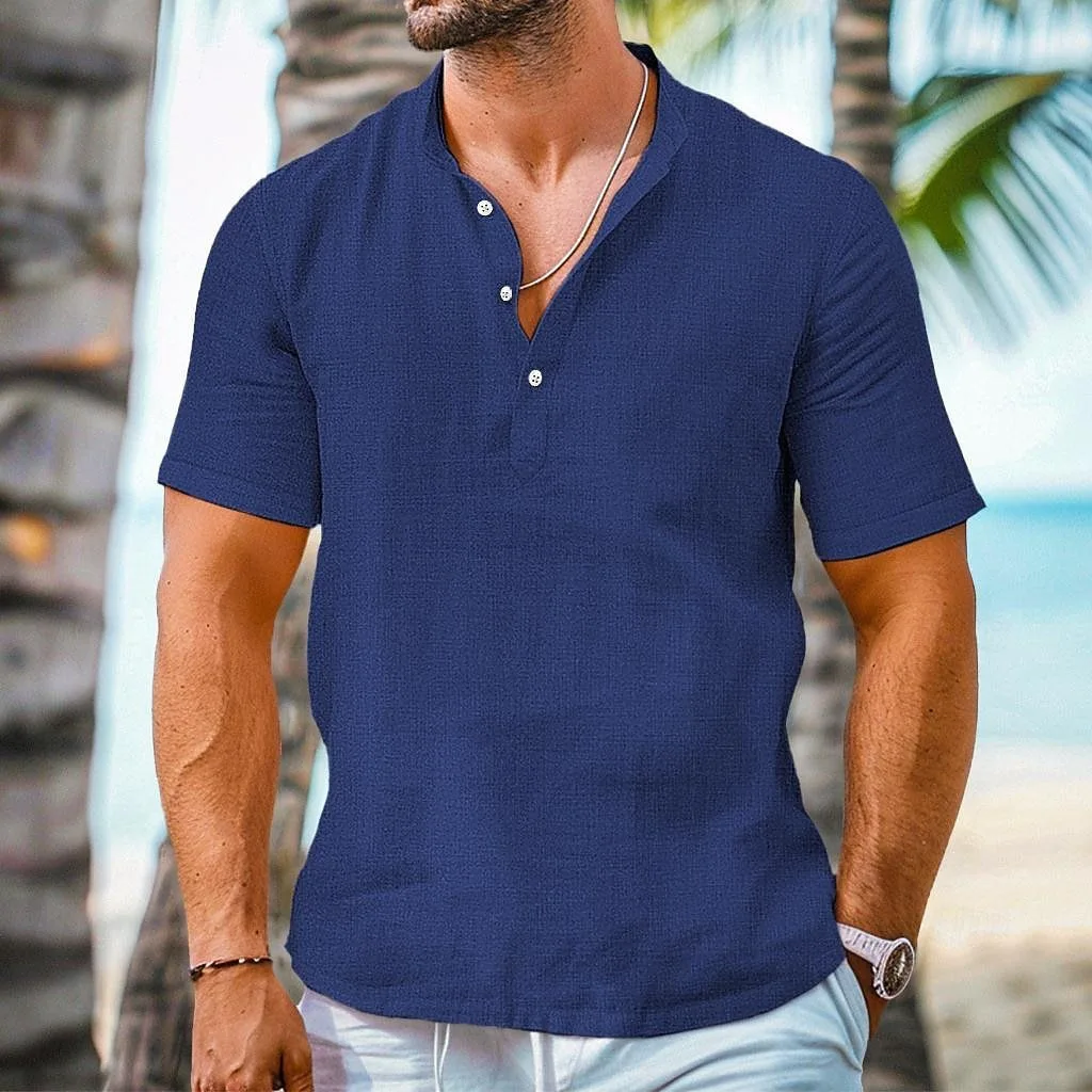 

Mens Cotton Linen Short Sleeve Shirt Stand Collar Half Cardigan Casual Summer Solid Color Simple Custom Logo Casual Beach Top